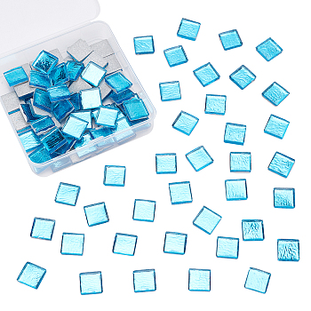 Olycraft Glass Cabochons, Mosaic Tiles, for Home Decoration or DIY Crafts, Square, Blue, 14.5~15x14.5~15x3.5~4.5mm, about 200g/box