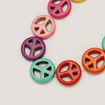 Synthetical Turquoise Beads Strands, Dyed, Peace Sign, Mixed Color, 15x4mm, Hole: 1.5mm