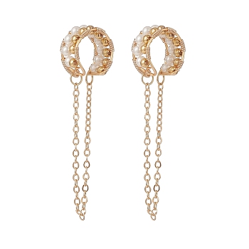 Shell Pearl Beaded Cuff Earrings, Brass Chain Tassel Wire Wrap Chunky Earrings for Women, Golden, 55mm