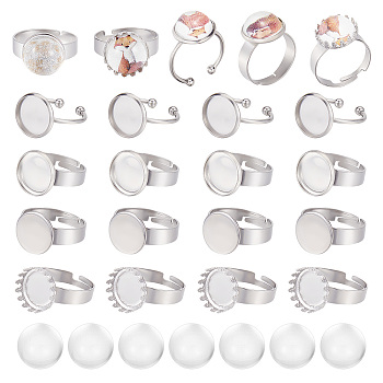 DIY Blank Half Round Dome Finger Ring Making Kit, Including Stainless Steel Adjustable & Cuff Ring Pad Ring Base Findings, Glass Cabochons, Stainless Steel Color, 40Pcs/box