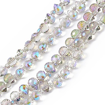 Transparent Electroplate Glass Beads Strands, Faceted, Top Drilled Teardrop, Half Rainbow Plated, Lilac, 8x6~6.5mm, Hole: 0.8mm, about 98~100pcs/strand, 18.90~26.77 inch(48~68cm)