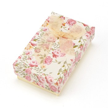 Flower Pattern Cardboard Jewelry Packaging Box, 2 Slot, For Ring Earrings, with Ribbon Bowknot and Black Sponge, Rectangle, Pale Goldenrod, 8x5x2.6cm