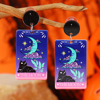 Cool Tower Halloween Print Double-sided Acrylic Dangle Stud Earrings, Rectangle with Cat Shape, Colorful