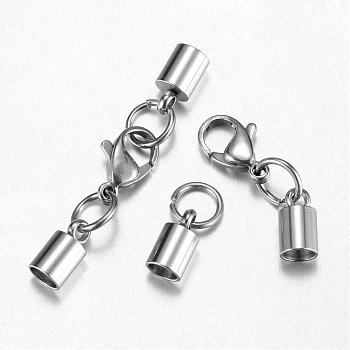 304 Stainless Steel Lobster Claw Clasps, with Cord Ends, Stainless Steel Color, 37mm