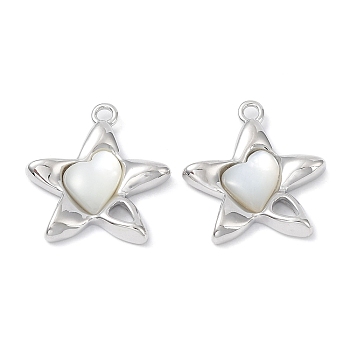 Brass Pendants, with Shell, Star Charm, Real Platinum Plated, 19x17x3mm, Hole: 1.6mm