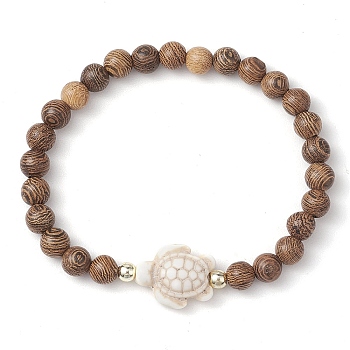 Summer Beach Turtle Dyed Synthetic Turquoise & 6.5mm Round Wenge Wood Beaded Stretch Bracelets for Women, Floral White, Inner Diameter: 1-7/8 inch(4.9cm)