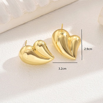 Classic Brass Heart Stud Earrings, Golden, 32x29mm