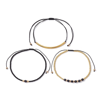 3Pcs 3 Style Seed & Synthetic Blue Goldstone Braided Bead Bracelets Set, Adjustable Nylon Cord Stackable Bracelets, Mixed Color, Inner Diameter: 2-1/8~3-7/8 inch(5.4~9.7cm), 1Pc/style
