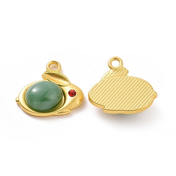 Glass Imitation Jade Pendants with Rhinestone, with Matte Gold Color Alloy Findings, Rabbit Charms, Medium Sea Green, 17x18.5x6mm, Hole: 2mm