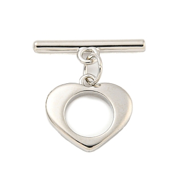 Brass Toggle Clasps, Heart, Platinum, Ring: 13x14x1.8mm, Hole: 1.6mm, Bar: 17.7x4.8x1.8mm, Hole: 1.6mm