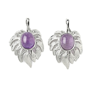 Natural Amethyst Pendants, Brass Leaf Charms, Platinum, Rack Plating, 31x21x7.5mm, Hole: 7.5x3.5mm