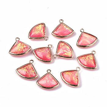 Resin Pendants, Imitation Opal, with Brass Findings, Triangle, Golden, Salmon, 18x19x5.5~6mm, Hole: 1.4mm