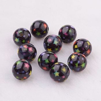 Spray Painted Resin Beads, with Star Pattern, Round, Black, 10mm, Hole: 2mm