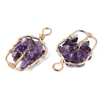 Natural Amethyst Pendants, Golden Tone Brass Wire Wrapped, Tree, Bottle, 37~38x21.5~22.5x4.5~7.5mm, Hole: 4mm