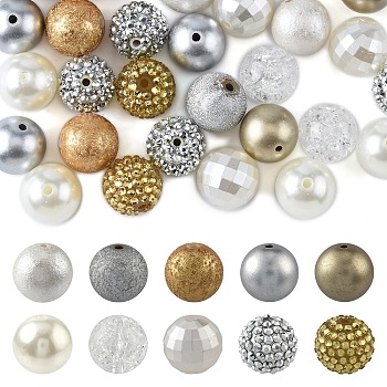 50Pcs 10 Styles Transparent Resin Rhinestone Graduated Beads, with Acrylic Round Beads Inside, Mixed Color, 20mm, Hole: 2~2.5mm, 5pcs/style