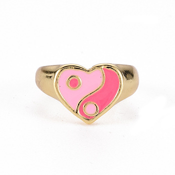 Alloy Enamel Wide Band Rings, Cadmium Free & Lead Free, Light Gold, Heart with YinYang, Hot Pink, US Size 6 3/4(17.1mm)