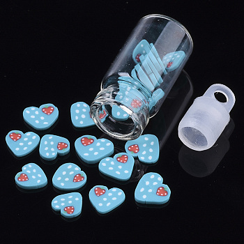 Handmade Polymer Clay Nail Art Decoration Accessories, with Glass Wishing Bottle and CCB Plastic Bottle Stopper, Heart with Heart, Sky Blue, 4~6x5~6x0.5~1mm
