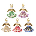 Glass Pendants, Angel, with Acrylic & Plastic Imitation Pearl Beads & Iron Loop & Alloy, Mixed Color, 27.5x21.5mm, Hole: 3mm(PALLOY-MZ00968)