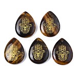 Natural Tiger Eye Pendants, Teardrop with Hamsa Hand Pattern, 32~33.5x25~26x6.5~7.5mm, Hole: 2mm, 6pcs/bag(G-T122-73C)