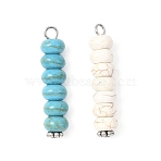 2Pcs 2 Colors Dyed Synthetic Turquoise Rondelle Beaded Pendants, with Iron Loops, Mixed Color, Platinum, 38x8mm, Hole: 2.5mm, 1pc/color(PALLOY-JF04623-01)