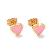304 Stainless Steel Enamel Stud Earrings, with 316 Surgical Stainless Steel Pin, Golden, Heart, Pink, 7x7.5x2mm, Pin: 0.8mm(EJEW-B009-06G-02)