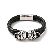 304 Stainless Steel Skull Beaded Double Loops Multi-strand Bracelet with Magnetic Clasp, Gothic Bracelet with Leather Cord for Men Women, Black, 8-5/8 inch(22cm)(BJEW-C021-23P)