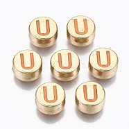 Alloy Enamel Beads, Cadmium Free & Lead Free, Flat Round with Initial Letters, Light Gold, Orange, Letter.U, 8x4mm, Hole: 1.5mm(X-ENAM-S122-029U-RS)