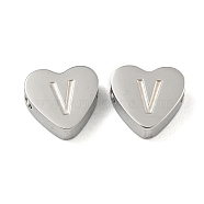 Tarnish Resistant 304 Stainless Steel Beads, Heart with Letter, Stainless Steel Color, Letter V, 7x8x3mm, Hole: 2mm(STAS-H219-16P-V)