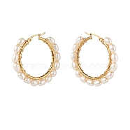 Natural Pearl Beads Brass Hoop Earrings, with 304 Stainless Steel Hooks, Linen, 36x39x4.5mm, Pin: 0.7mm(EJEW-JE04565-02)