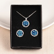 Druzy Resin Pendant Necklaces & Stud Earrings Jewelry Sets, with Rhinestone and Cardboard Jewelry Boxes, Flat Round, Blue, 18.1 inch, 16x5mm, Pin: 0.7mm(SJEW-JS00847-01)