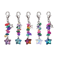 Glass Star Pendant Decoration, Synthetic Turquoise Chip and Alloy Lobster Claw Clasps Charm, Mixed Color, 60mm, 5pcs/set(HJEW-JM01588-S)