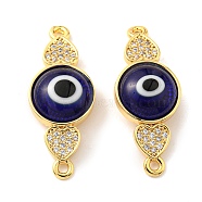Brass Micro Pave Clear Cubic Zirconia Connector Charms, with Lampwork, Evil Eye with Heart, Real 18K Gold Plated, Marine Blue, 28.5x11x4.5~5mm, Hole: 1.4mm(KK-K338-03G-01)