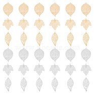36Pcs 6 Style Brass Filigree Big Pendants, Leaf & Maple Leaf, Platinum & Golden, 35~42.5x19~31x0.3mm, Hole: 1~1.8mm, 6pcs/style(KK-DC0002-96)