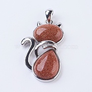 Synthetic Goldstone Kitten Pendants, with Brass Findings, Cat Silhouette Shape, Platinum, 45x27x8mm, Hole: 5x7mm(G-P352-B04)