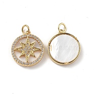 Brass Micro Pave Clear Cubic Zirconia Pendants, with Jump Ring and White Shell, Flat Round with Star Charm, Real 18K Gold Plated, 17.5x15.5x3.4mm, Hole: 3.2mm(KK-E068-VF311)