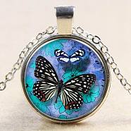 Butterfly Pattern Flat Round Glass Pendant Necklaces, with Alloy Chains, Silver Color Plated, 18 inch(NJEW-N0051-008C-02)