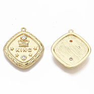 Brass Micro Pave Clear Cubic Zirconia Pendants, Nickel Free, Rhombus with Word King & Crown, Real 18K Gold Plated, 22x20x3.5mm, Hole: 1mm(KK-R126-018-NF)
