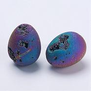 Electroplate Natural Druzy Geode Quartz Beads, Gemstone Home Display Decorations, No Hole/Undrilled, Egg Stone, Rainbow Plated, 41x29mm(DJEW-K009-A02)