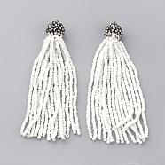 Glass Seed Beads Tassel Big Pendant Decorations, with Brass Polymer Clay Rhinestone Findings, White, 85~97x12~13mm, Hole: 2.5mm(HY-S001-01)