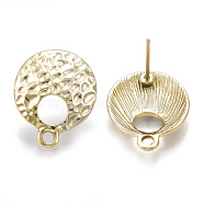 Alloy Stud Earring Findings, with Loop, Hammered, Flat Round, Light Gold, 18x15mm, Hole: 2mm, Pin: 0.7mm(PALLOY-T055-01)