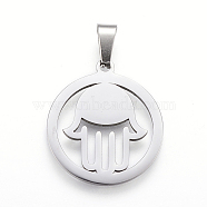 304 Stainless Steel Pendants with 201 Stainless Steel Clasp, Flat Round with Hamsa Hand, Stainless Steel Color, 25x22x1.2mm, Hole: 4x7.5mm(STAS-I086-04P-12)