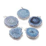 Dyed Natural Druzy Solar Quartz Crystal Pendants, Edge Plated, with Brass Bails, Sunflower, Silver, Steel Blue, 40~50x30~45x5~6mm, Hole: 4x6mm(G-F693-01J-S)