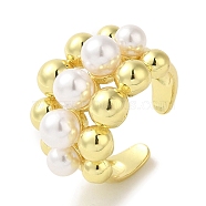Rack Plating Brass Cuff Rings, with Plastic Pearl, Long-Lasting Plated, Lead Free & Cadmium Free, Real 18K Gold Plated, Adjustable(RJEW-H228-21G)