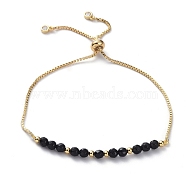 Adjustable Natural Dyed & Heated Black Agate Slider Bracelets, Bolo Bracelets, with Brass Box Chains, Cubic Zirconia, Brass Round Beads and Cardboard Packing Box, 9 inch(23cm)(BJEW-JB04929-01)