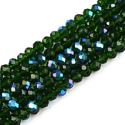 Electroplate Glass Beads Strands, Half Rainbow Plated, Faceted, Rondelle, Dark Green, 4x3mm, Hole: 0.4mm, about 113~115pcs/strand, 41~41.5cm(EGLA-A044-T4mm-L24)