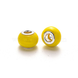 Handmade Lampwork European Beads, Large Hole Rondelle Beads, with Platinum Tone Brass Double Cores, Yellow, 14~16x9~10mm, Hole: 5mm(LPDL-N001-076-B07)