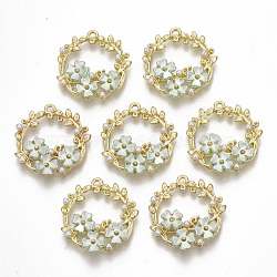 Alloy Pendants, Open Back Bezel, for Valentine's Day, with ABS Plastic Imitation Pearl, Olive Branch Wreath, Golden, Light Green, 24x22.5x4mm, Hole: 1.6mm(PALLOY-R116-16C)