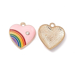 Alloy Enamel Pendant, with Rhinestone, Heart with Rainbow Charm, Golden, Misty Rose, 20x18x3.5mm, Hole: 2mm(ENAM-H039-07G-D)
