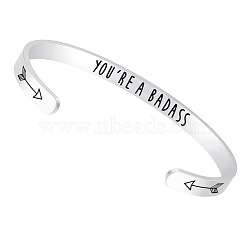 Inspirational 304 Stainless Steel Cuff Bangles, Words, Stainless Steel Color, 6-1/4x1/4 inch(16x0.6cm)(FS-WG30F15-01)
