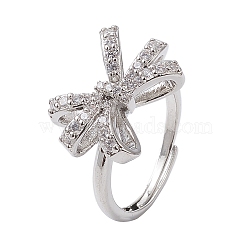 Rack Plating Brass Micro Pave Cubic Zirconia Adjustable Finger Rings, Long-Lasting Plated, Lead Free & Cadmium Free, Bowknot, Platinum, US Size 7 1/4(17.5mm)(RJEW-H224-03P)
